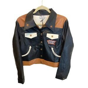 Unique Vintage Looney Tunes Leather Style Black Long Sleeve Cropped Jacket Large
